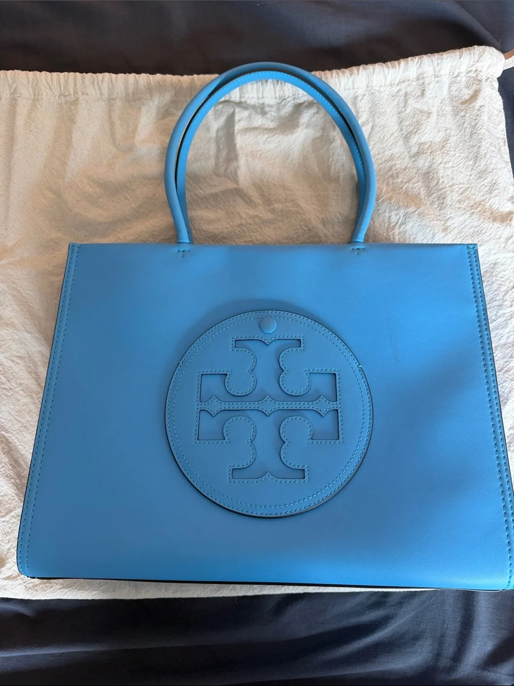 Tory Burch Neutral Cream Drawstring Tote with Branded Straps